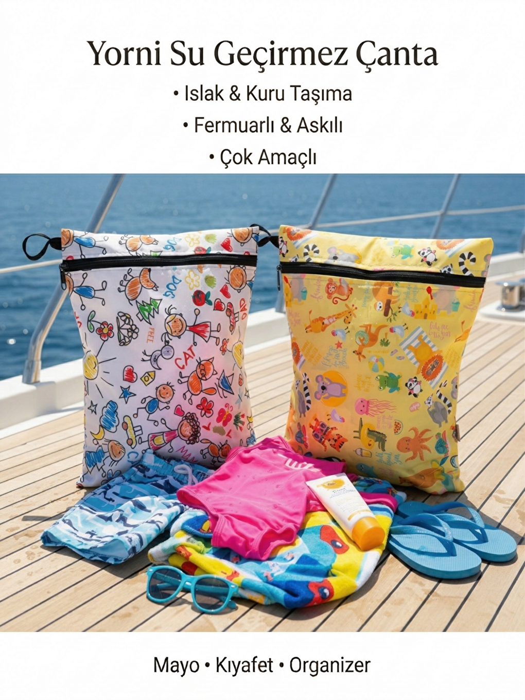 Beyaz 2 Adet, 36x30 cm Summer ve Family Desen, Sıvı Geçirmeyen Çok Amaçlı Çanta, Ekonomik Set, Yıkanabilir