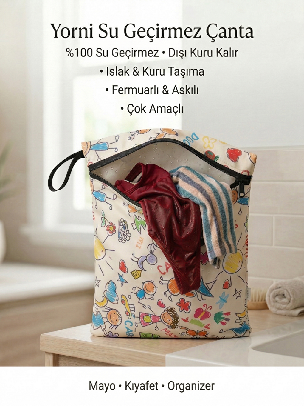 Beyaz 2 Adet, 36x30 cm, Family ve Zoo Desen, Sıvı Geçirmeyen Çok Amaçlı Çanta, Ekonomik Set, Yıkanabilir-5