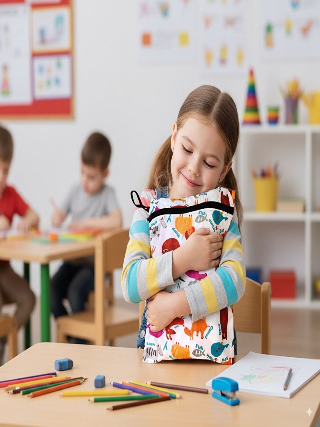 Beyaz 2 Adet, 36x30 cm, Family ve Zoo Desen, Sıvı Geçirmeyen Çok Amaçlı Çanta, Ekonomik Set, Yıkanabilir-9