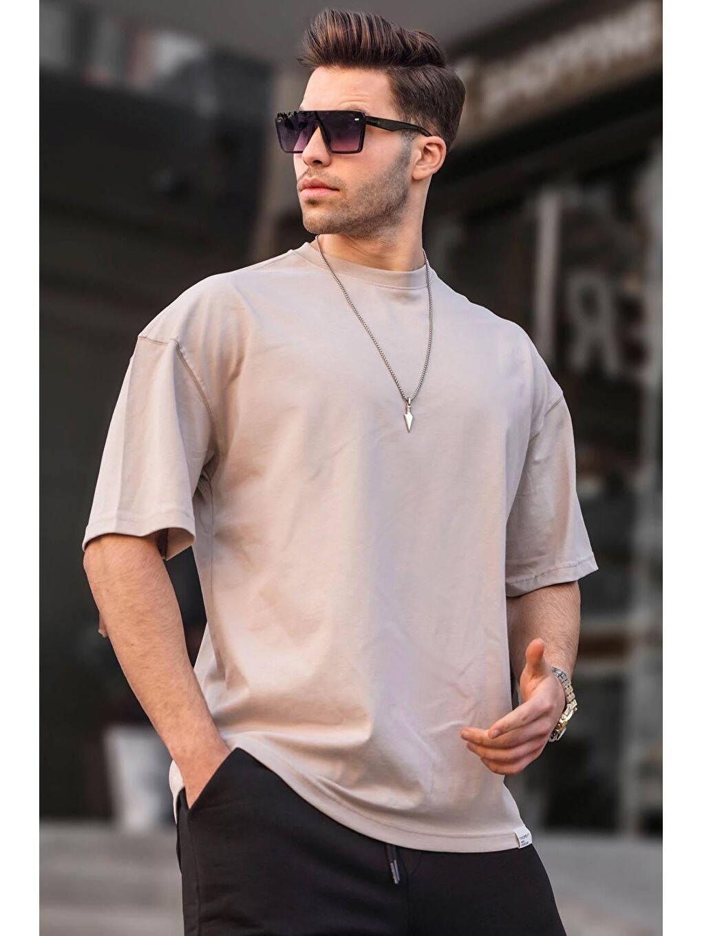 Bej Erkek Taş Rengi Oversize Fit Basic Tişört 6066
