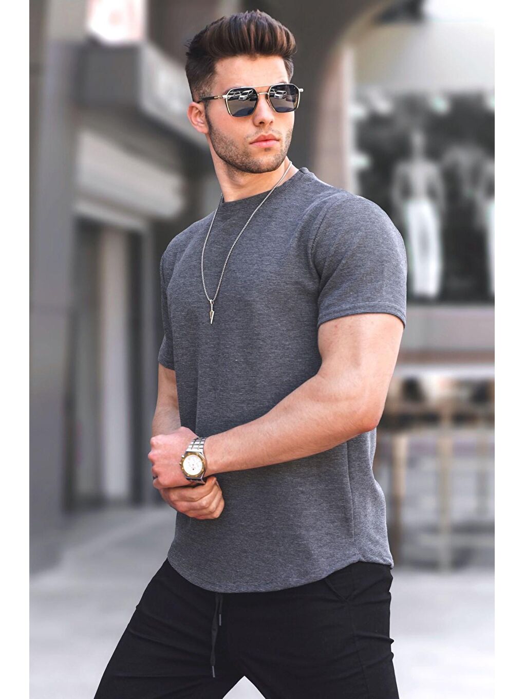 Antrasit Waffle Kumaş Basic Tişört 5883