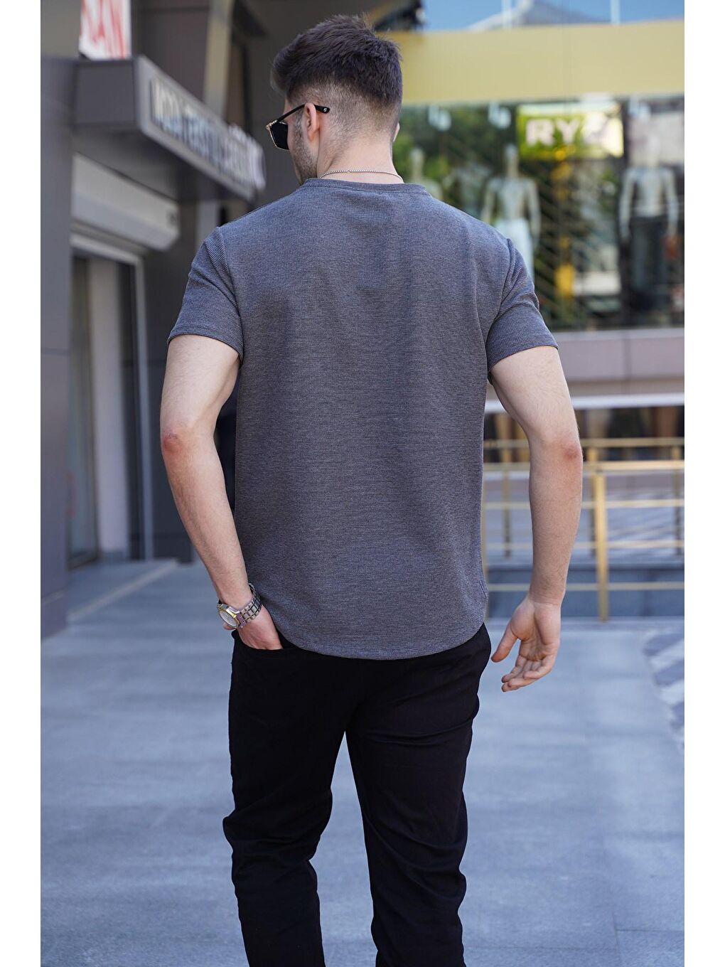 Antrasit Waffle Kumaş Basic Tişört 5883-1