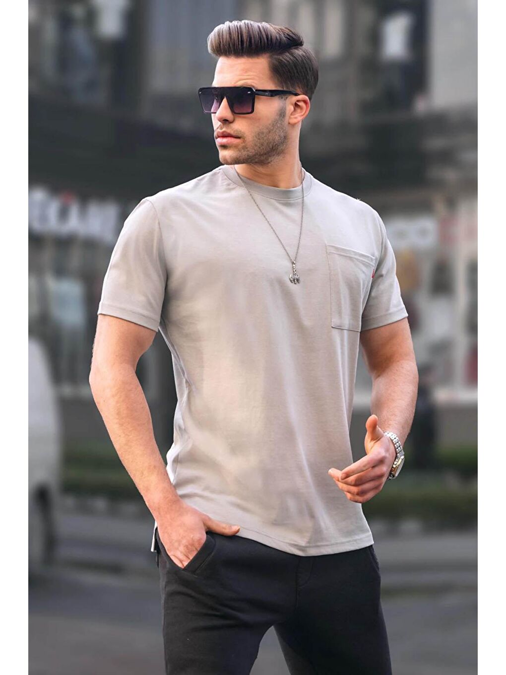 Boyalı Gri Cepli Basic Erkek %100 Pamuk Tişört 6078