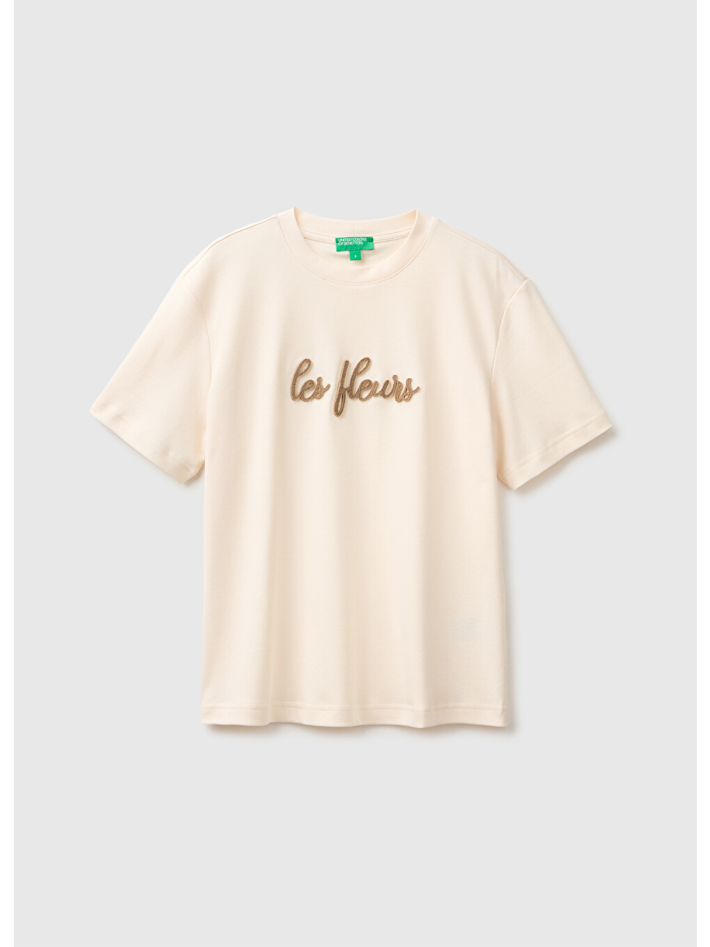 Ekru Kadın Krem %100 Pamuk İşlemeli Kısa Kollu T-shirt
