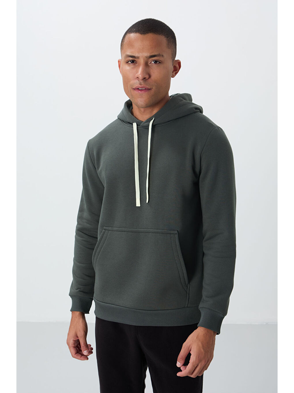 Haki Pamuklu Kalın İçi Tüylü Yumuşak Dokulu Comfort Fit Erkek Kapüşonlu Sweatshirt Hoodie - 88419