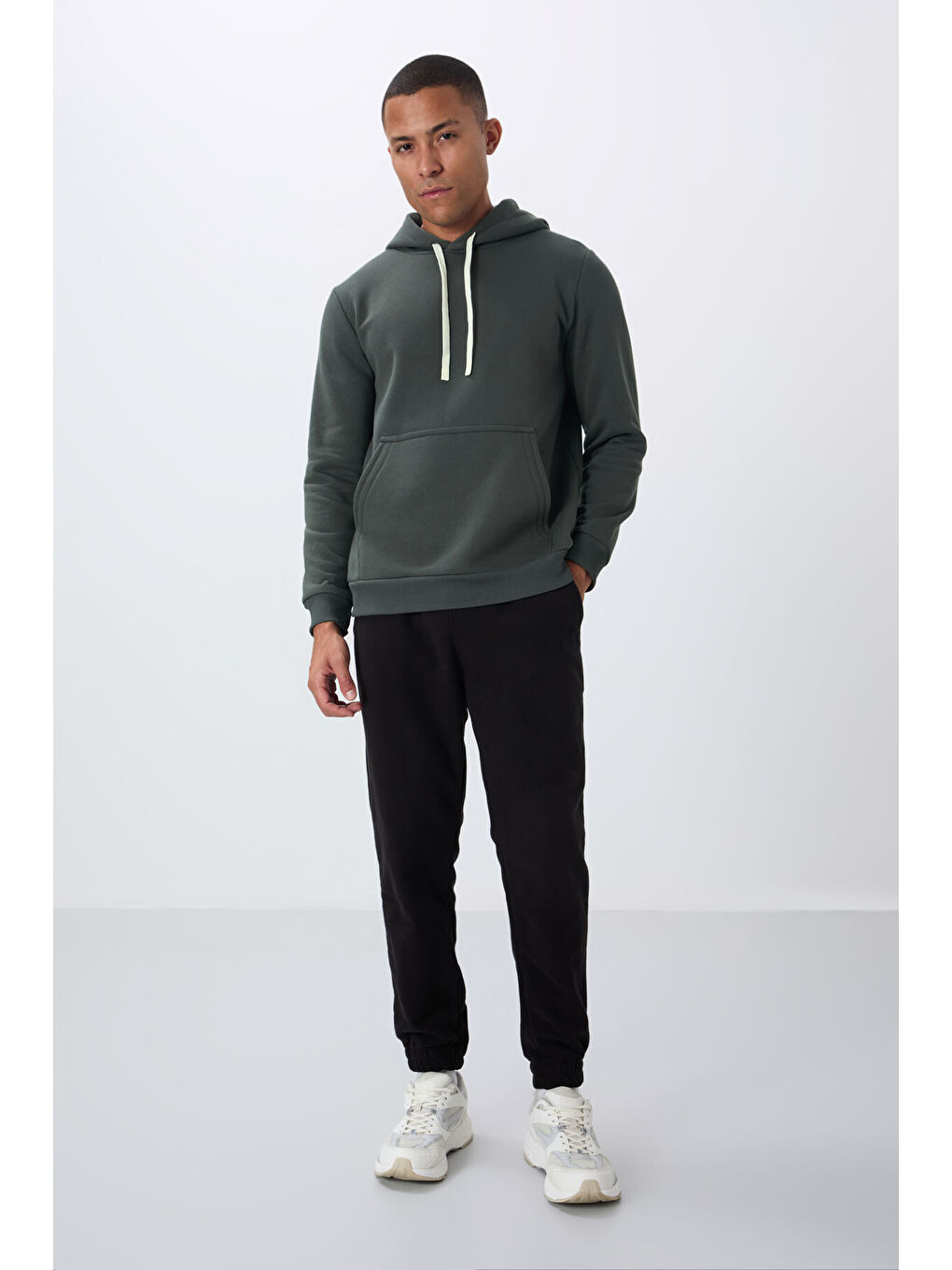 Haki Pamuklu Kalın İçi Tüylü Yumuşak Dokulu Comfort Fit Erkek Kapüşonlu Sweatshirt Hoodie - 88419-4