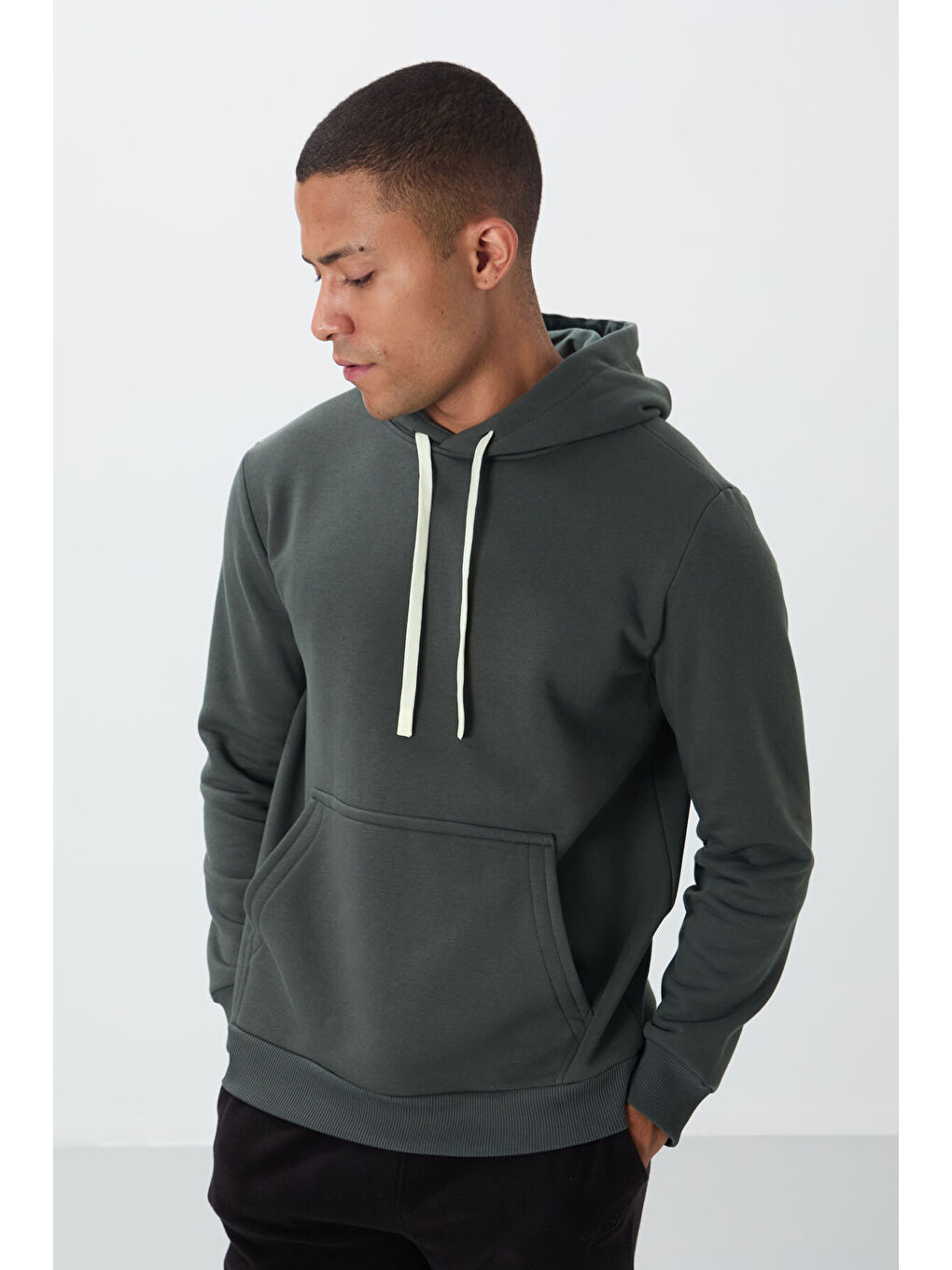 Haki Pamuklu Kalın İçi Tüylü Yumuşak Dokulu Comfort Fit Erkek Kapüşonlu Sweatshirt Hoodie - 88419-6