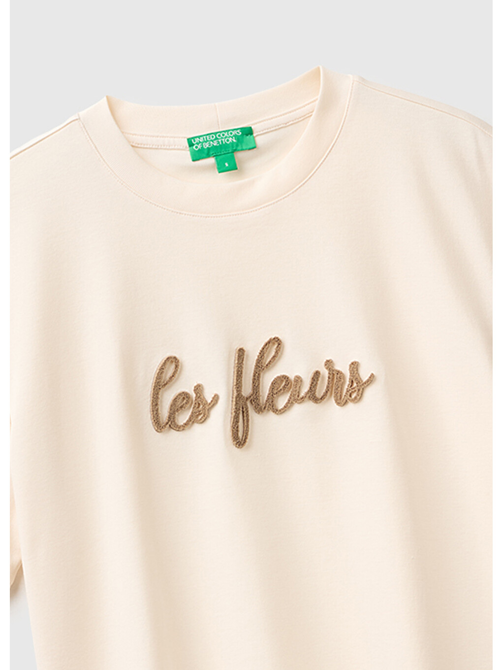 Ekru Kadın Krem %100 Pamuk İşlemeli Kısa Kollu T-shirt-2