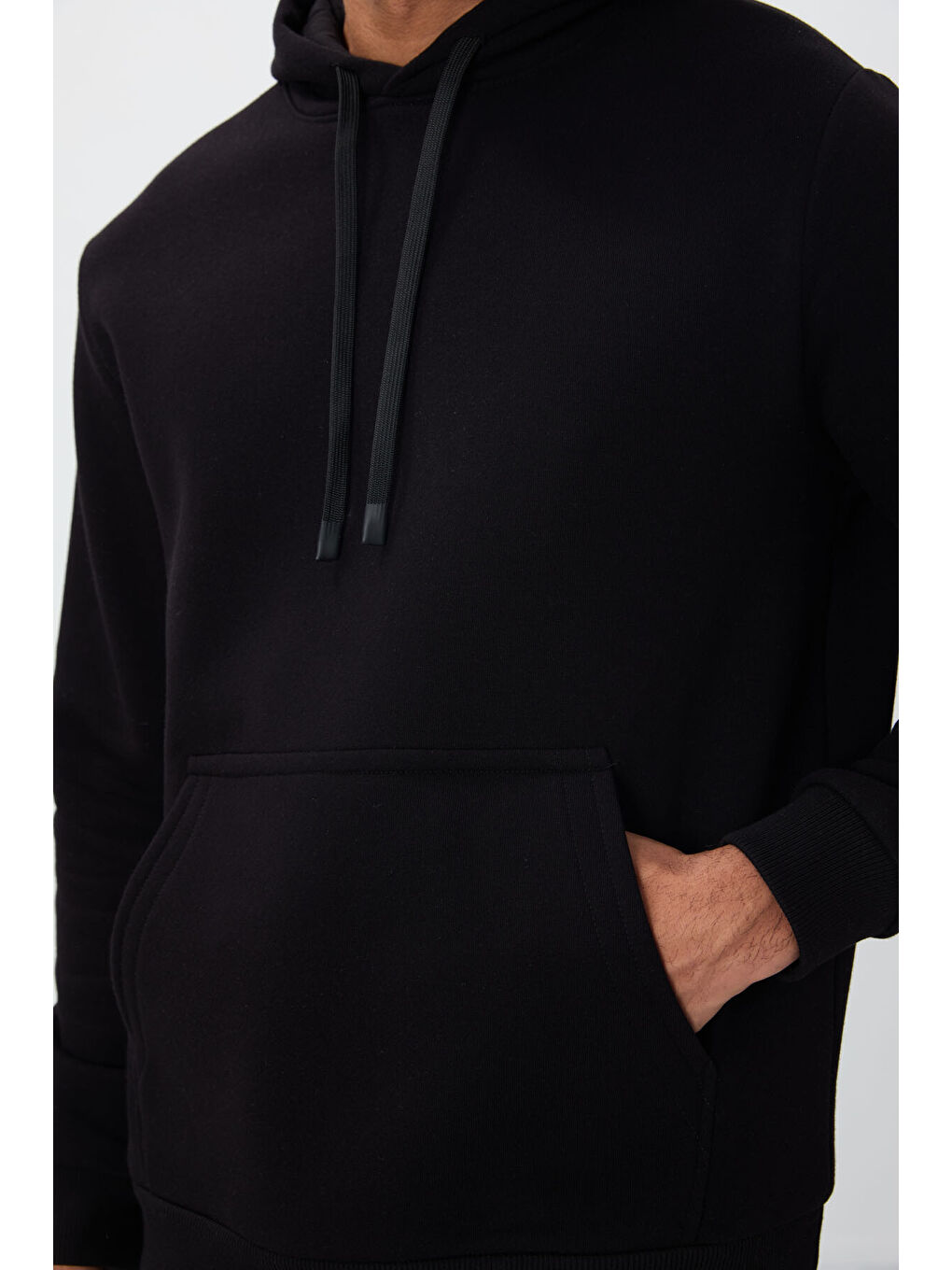 Siyah Pamuklu Kalın İçi Tüylü Yumuşak Dokulu Comfort Fit Erkek Kapüşonlu Sweatshirt Hoodie - 88419-2