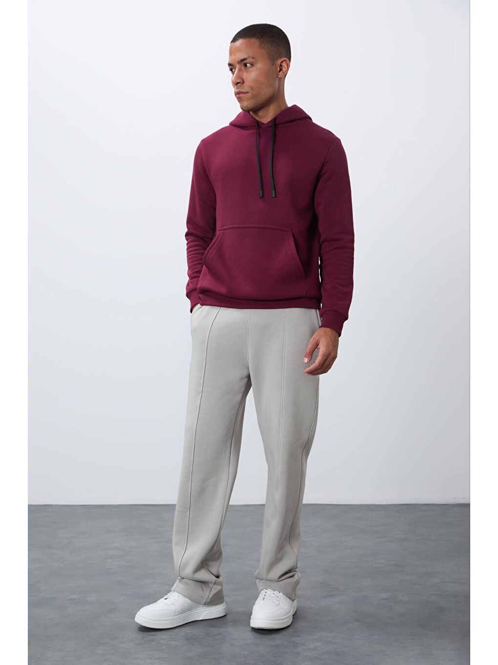 Bordo Erguvan Pamuklu Kalın İçi Tüylü Yumuşak Dokulu Comfort Fit Erkek Kapüşonlu Sweatshirt Hoodie - 88419-4