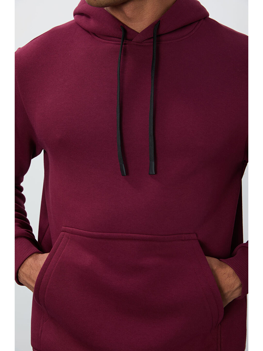 Bordo Erguvan Pamuklu Kalın İçi Tüylü Yumuşak Dokulu Comfort Fit Erkek Kapüşonlu Sweatshirt Hoodie - 88419-8