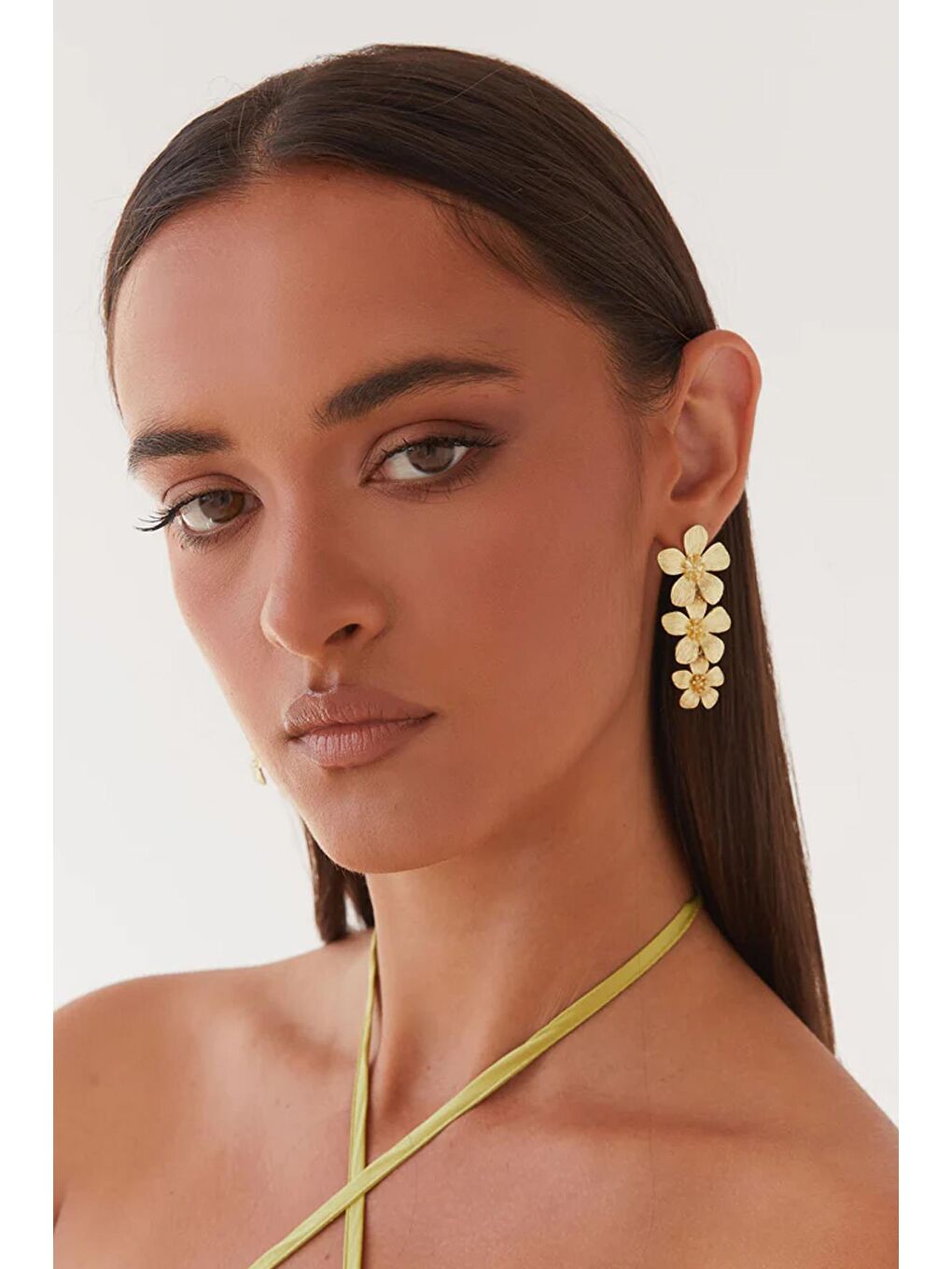 Sarı Altın Kaplama VIP 3 Sıralı Çiçek Küpe