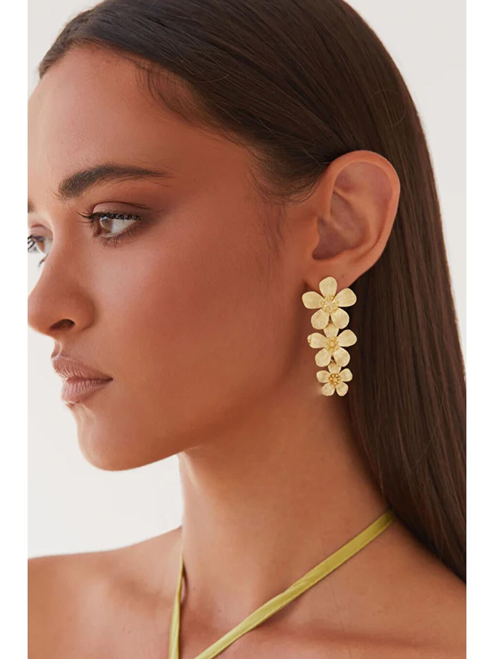 Sarı Altın Kaplama VIP 3 Sıralı Çiçek Küpe-3