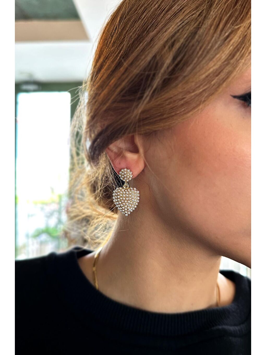 Sarı Amelie İncili Zarif Kalp Küpe-9