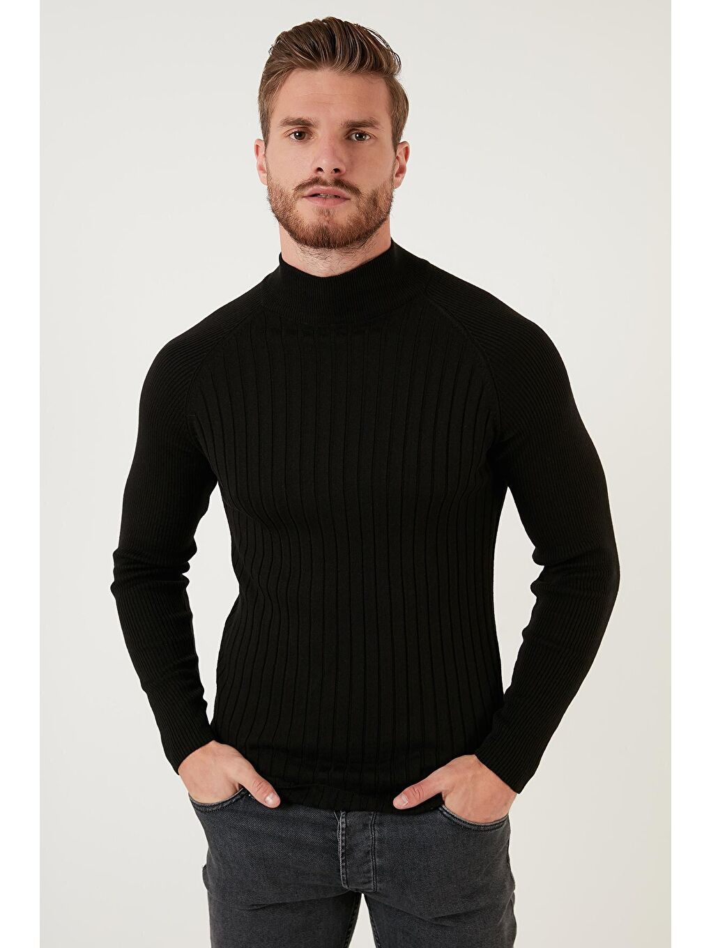 Siyah Pamuklu Slim Fit Yarım Balıkçı Yaka Kazak 6353461-3