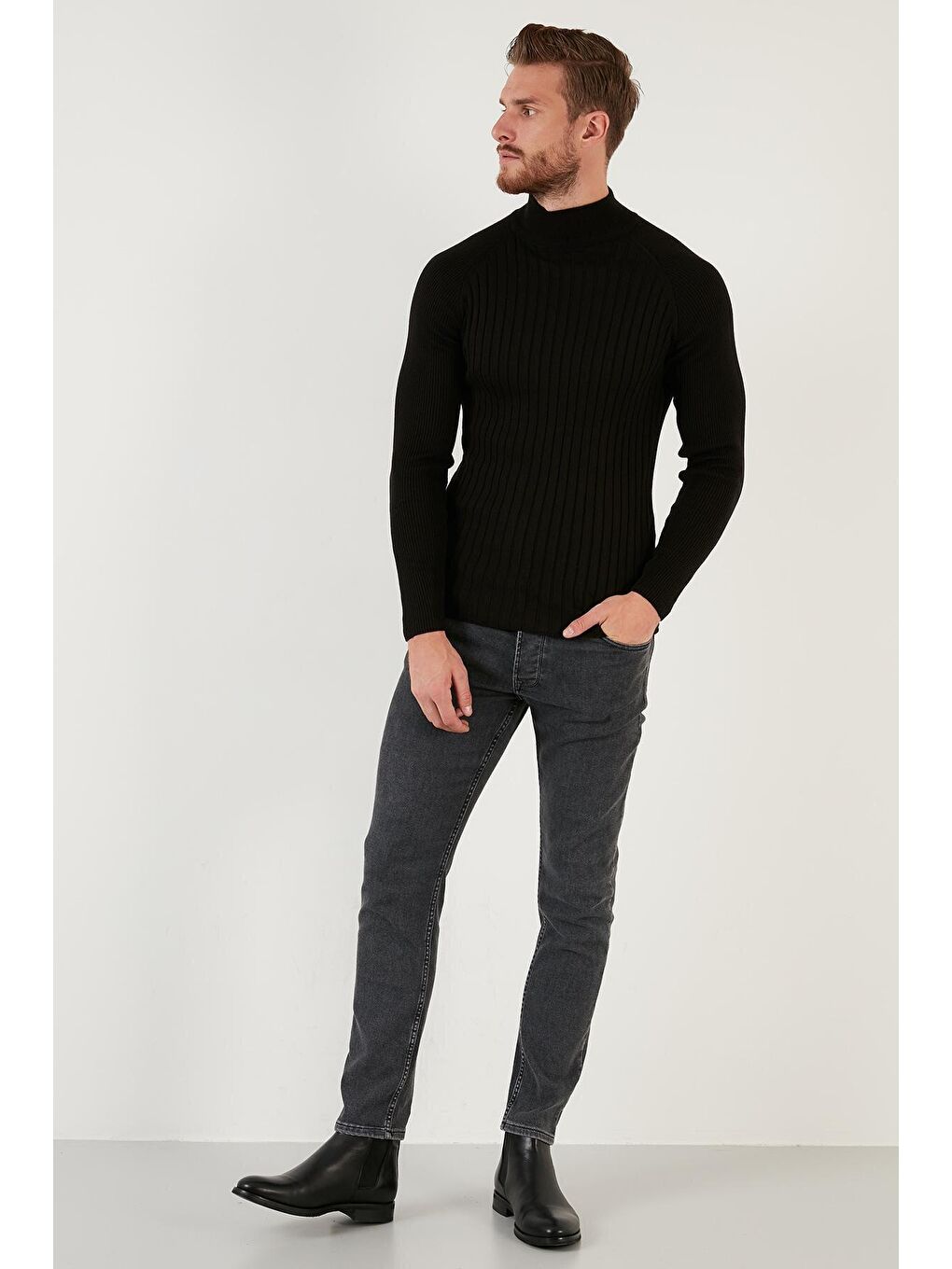 Siyah Pamuklu Slim Fit Yarım Balıkçı Yaka Kazak 6353461-4