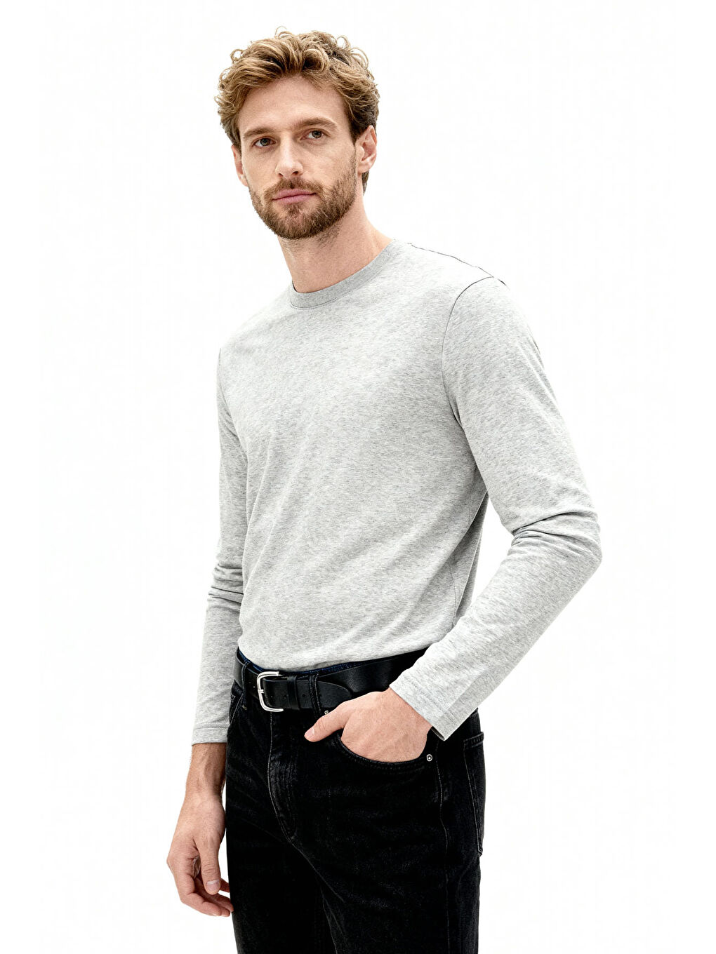 Gri Melanj Standart Fit Basic O Yaka Uzun Kollu İnce Erkek T-Shirt - 87997-1