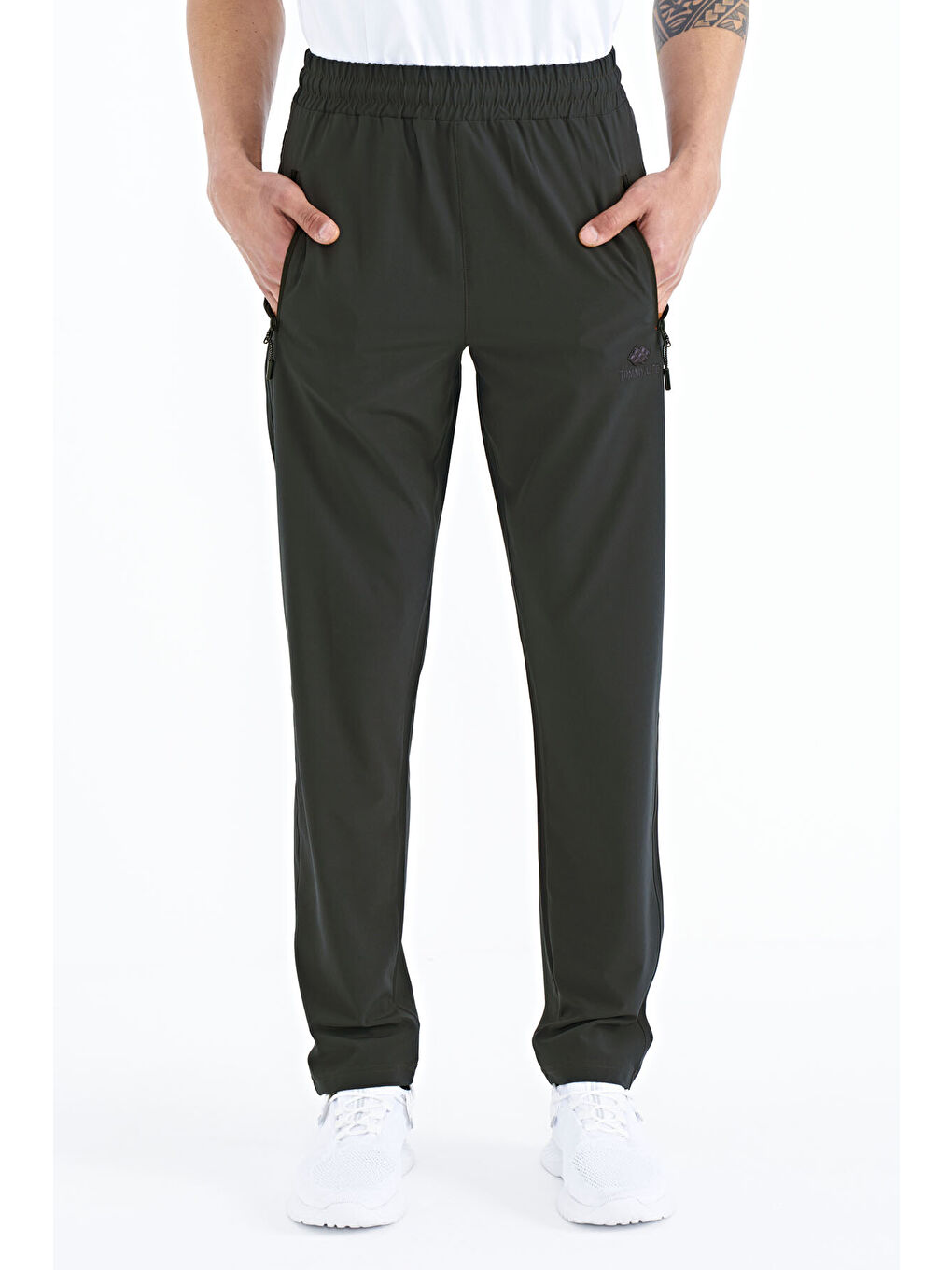 Haki Erkek Fermuarlı Üç Cepli Standart Kalıp Klasik Paça Eşofman Alt - 84768