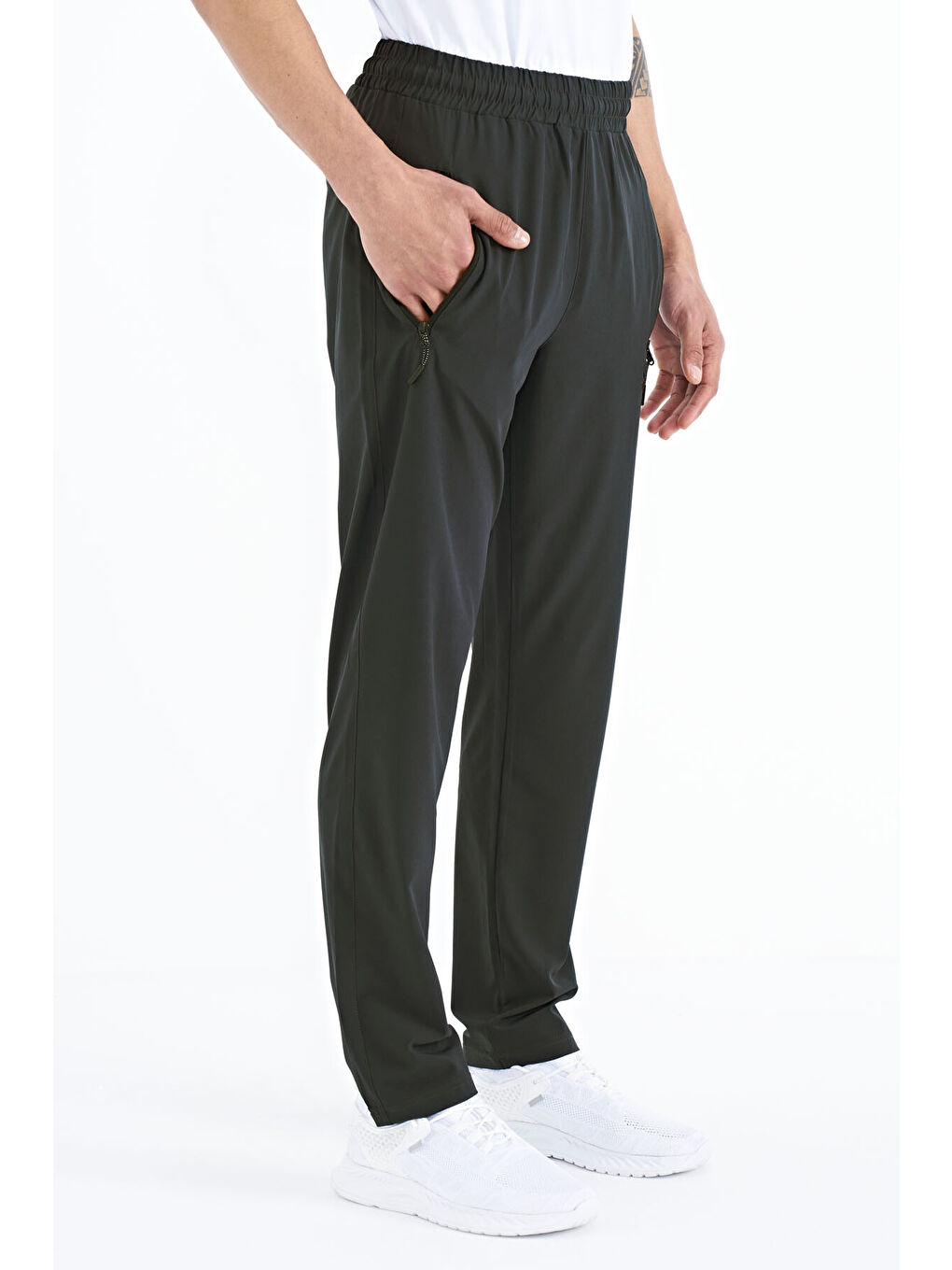 Haki Erkek Fermuarlı Üç Cepli Standart Kalıp Klasik Paça Eşofman Alt - 84768-3