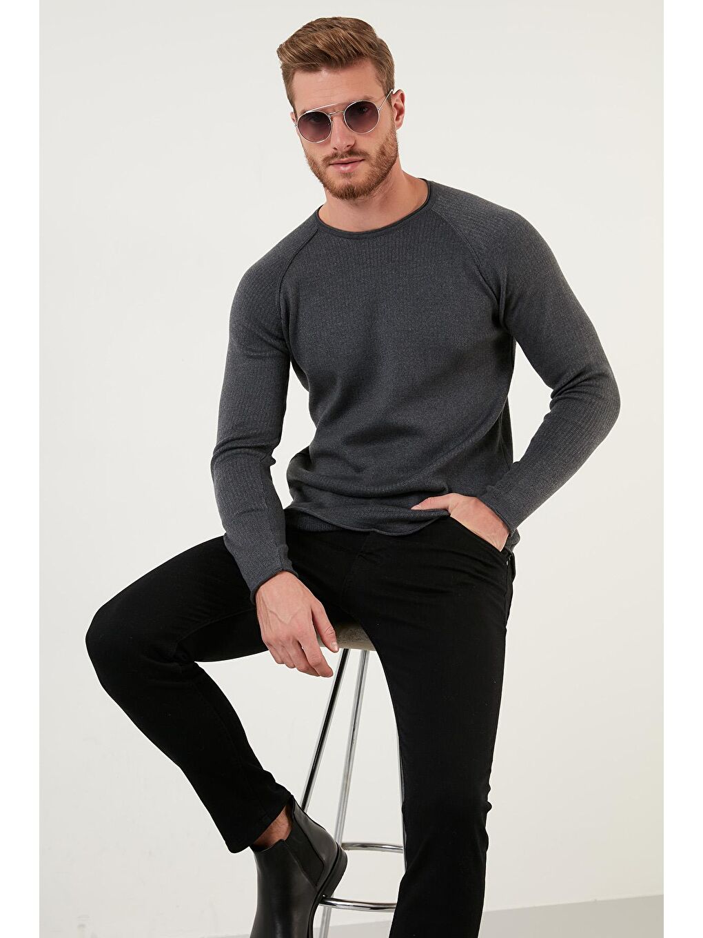 Antrasit Regular Fit Bisiklet Yaka Pamuklu Kazak 6353420