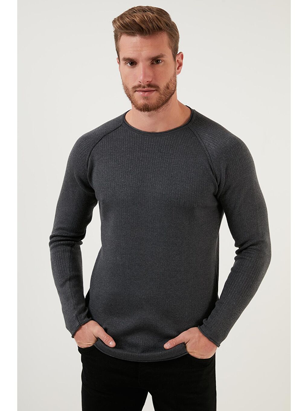 Antrasit Regular Fit Bisiklet Yaka Pamuklu Kazak 6353420-1