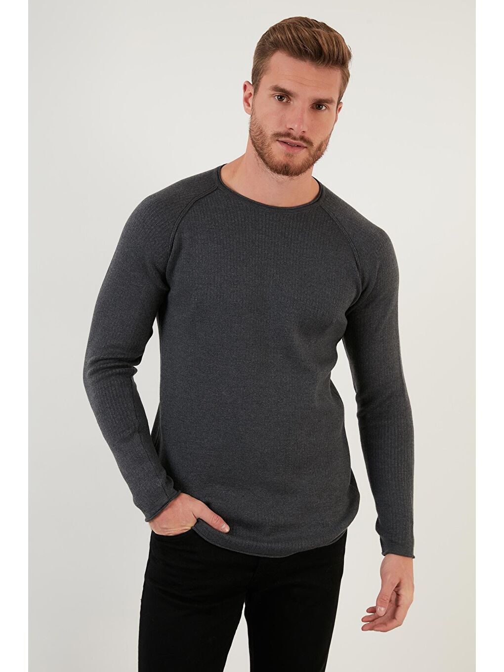 Antrasit Regular Fit Bisiklet Yaka Pamuklu Kazak 6353420-2