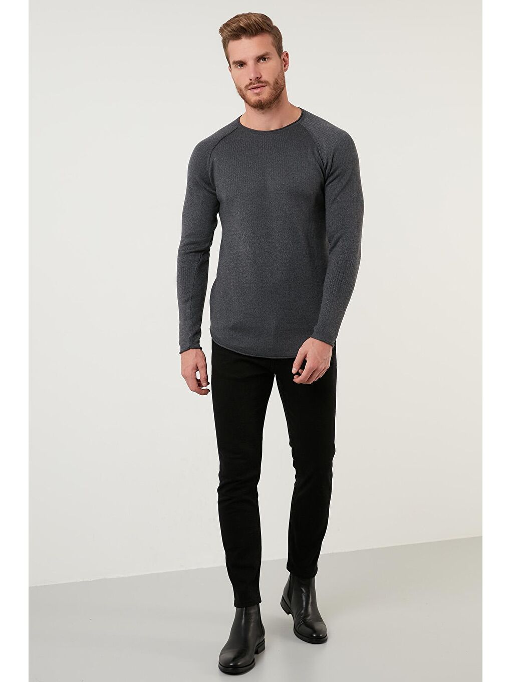 Antrasit Regular Fit Bisiklet Yaka Pamuklu Kazak 6353420-3