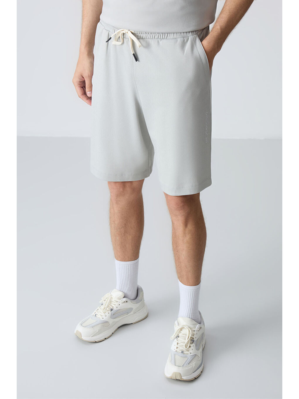 Bej Taş Pamuklu Kalın Yumuşak Dokulu Oversize Fit Basic Erkek Şort Takım - 85257-3