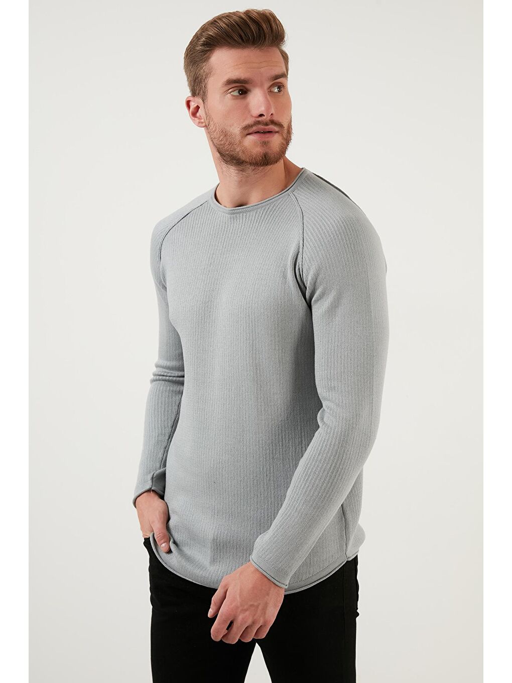 Gri Regular Fit Bisiklet Yaka Pamuklu Kazak 6353420