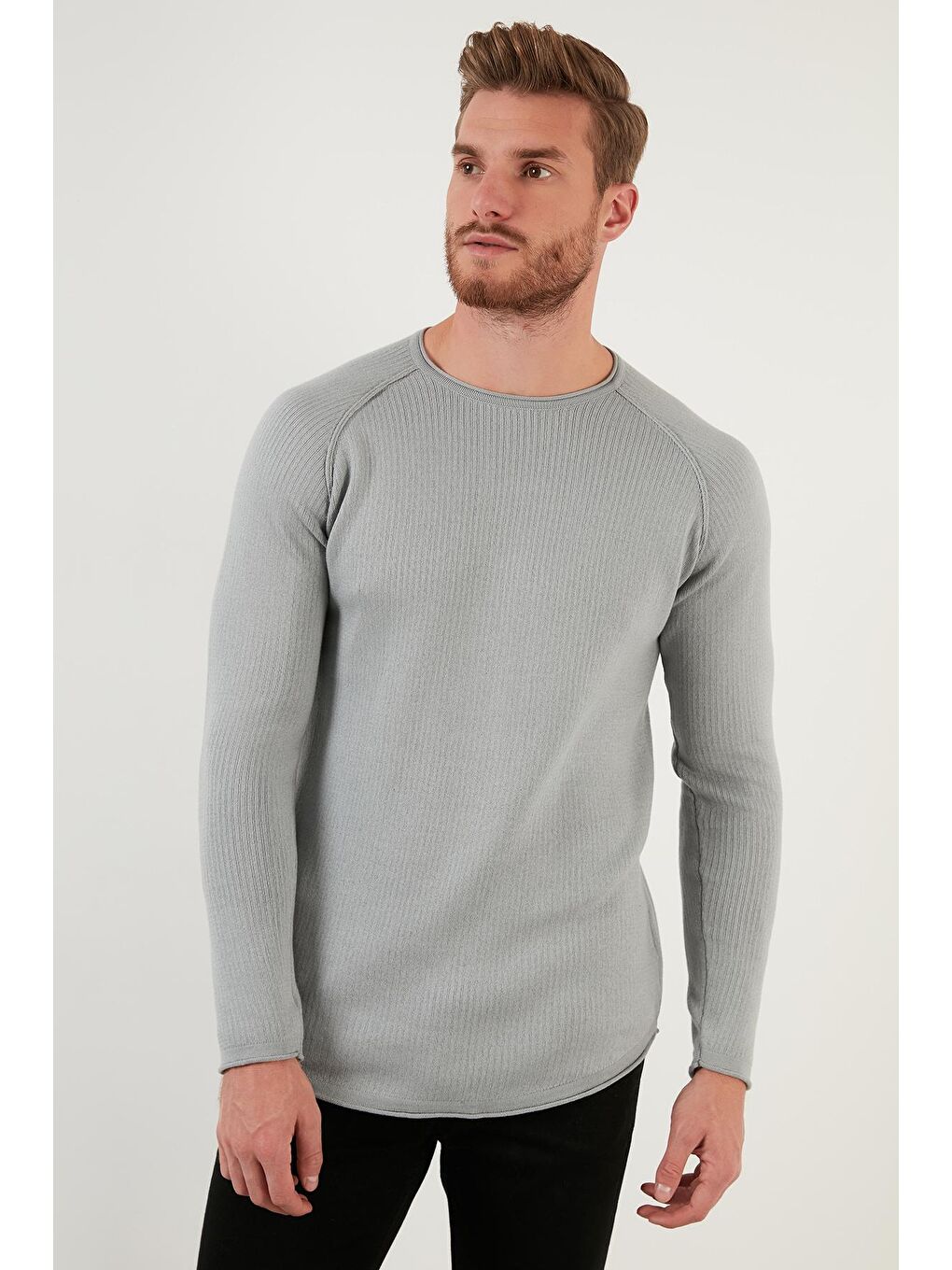 Gri Regular Fit Bisiklet Yaka Pamuklu Kazak 6353420-1