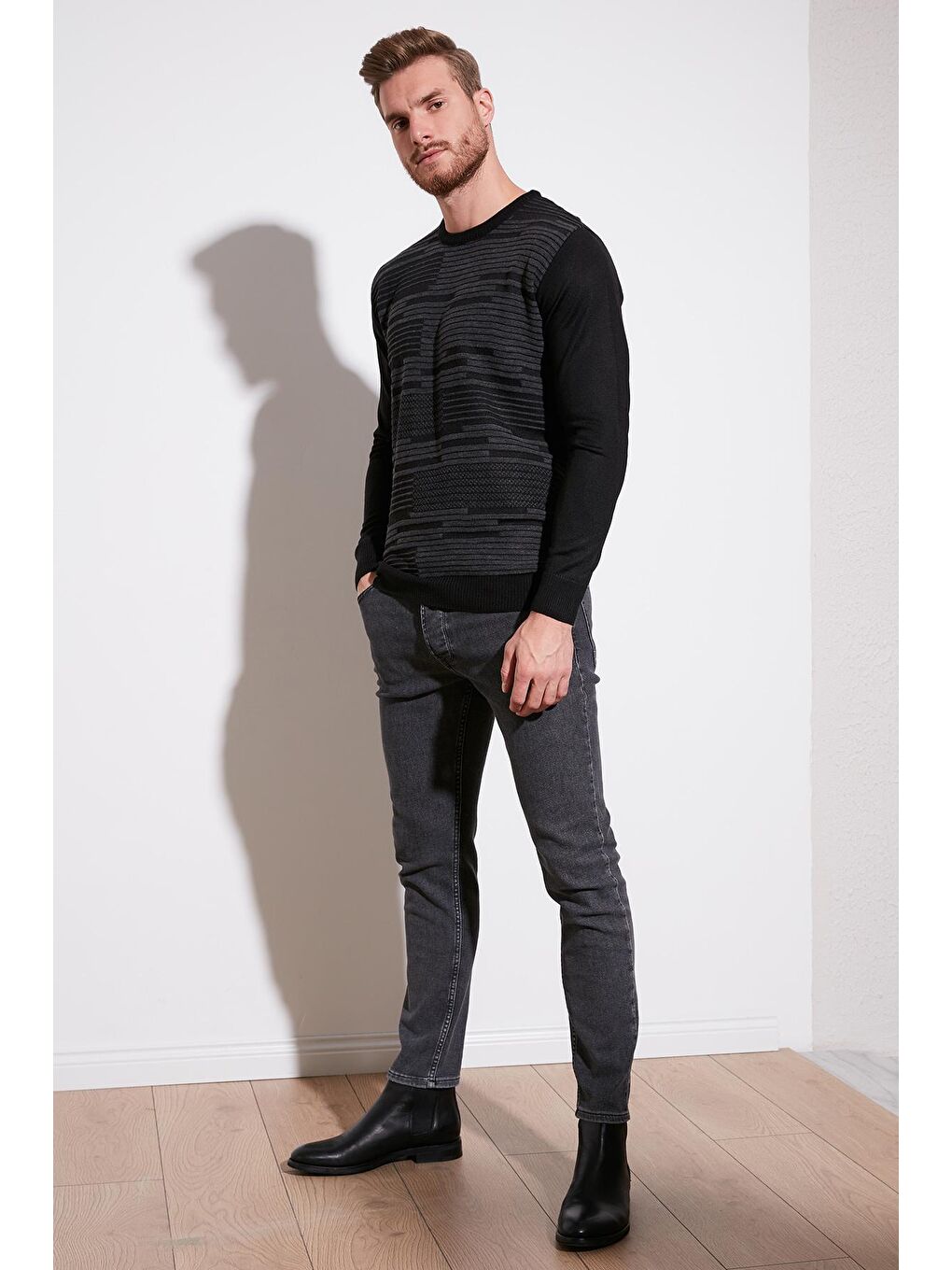 Siyah Regular Fit Bisiklet Yaka Yün Karışımlı Kışlık Kazak 6341020