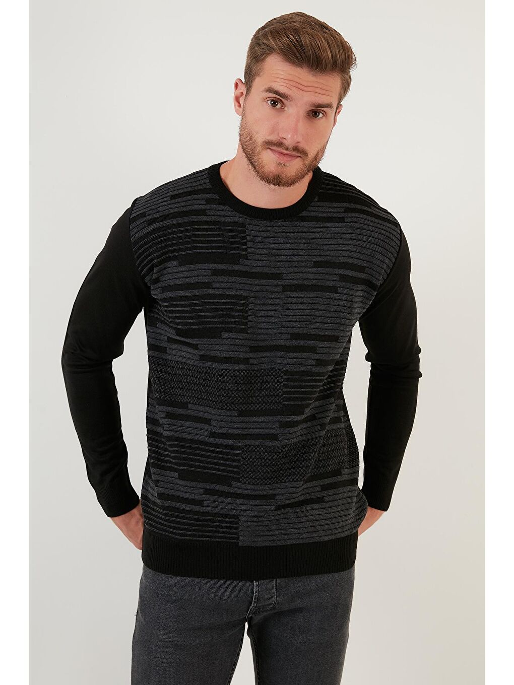 Siyah Regular Fit Bisiklet Yaka Yün Karışımlı Kışlık Kazak 6341020-2