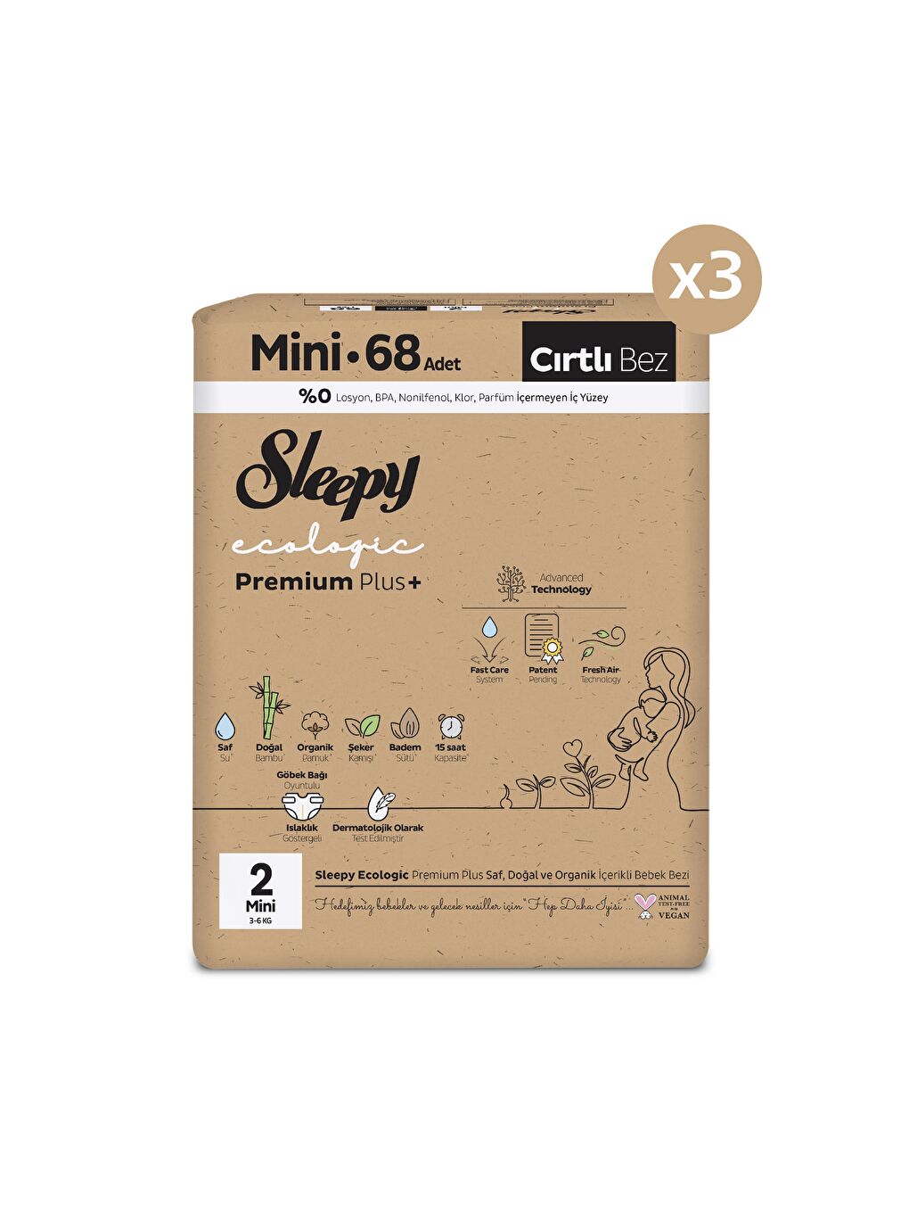 Ecologic Premium Plus Avantajlı Paket Bebek Bezi 2 Numara Mini 204 Adet-1