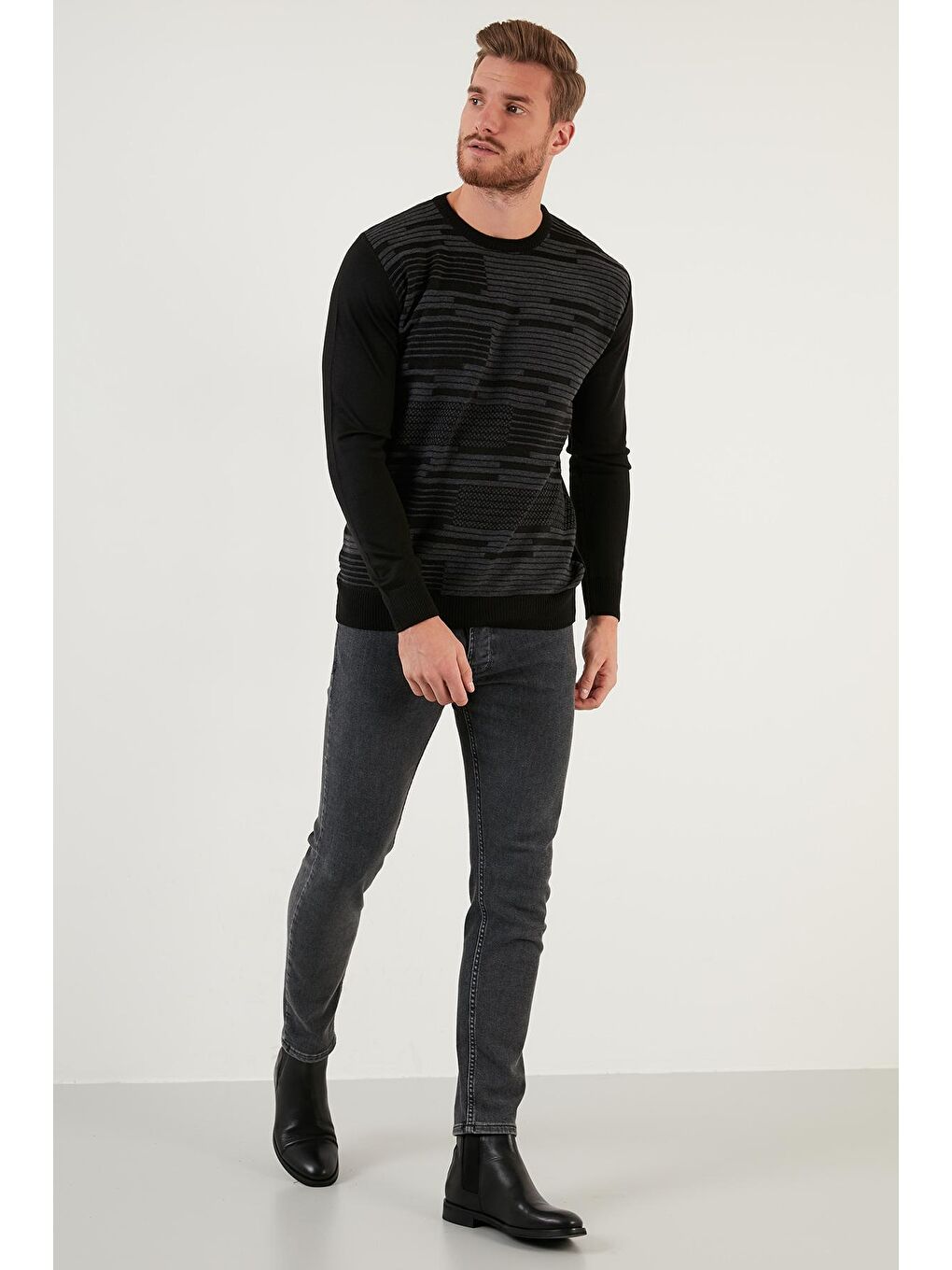 Siyah Regular Fit Bisiklet Yaka Yün Karışımlı Kışlık Kazak 6341020-3