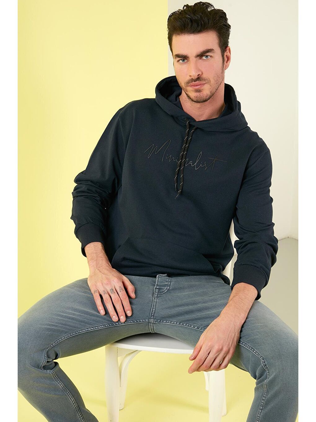 Lacivert Buratti Slim Fit Baskılı Kapüşonlu Kanguru Cepli Pamuklu Sweat Erkek SWEAT 5414019