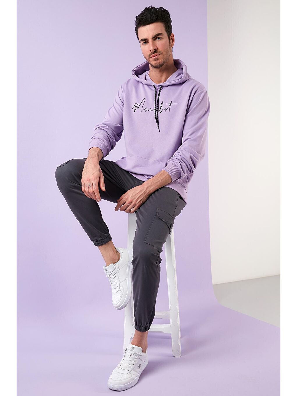 Buratti Mat Lila Slim Fit Baskılı Kapüşonlu Kanguru Cepli Pamuklu Erkek Sweatshirt 5414019