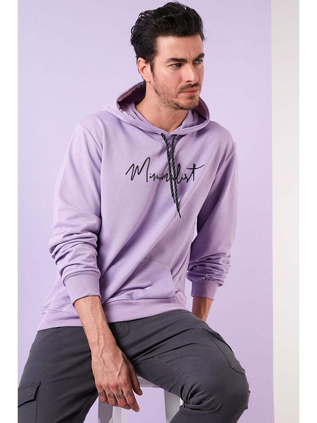 Buratti Mat Lila Slim Fit Baskılı Kapüşonlu Kanguru Cepli Pamuklu Erkek Sweatshirt 5414019 - 1