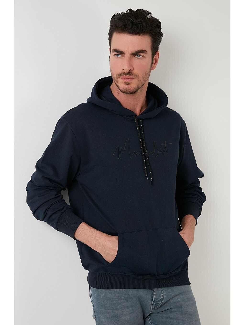 Lacivert Buratti Slim Fit Baskılı Kapüşonlu Kanguru Cepli Pamuklu Sweat Erkek SWEAT 5414019-2
