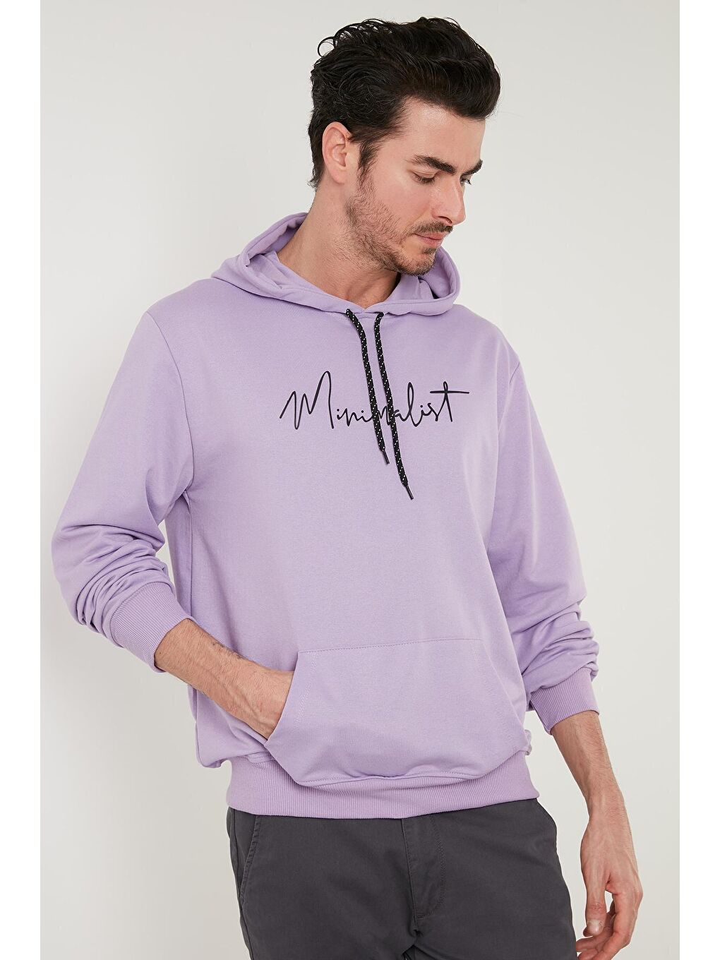 Buratti Mat Lila Slim Fit Baskılı Kapüşonlu Kanguru Cepli Pamuklu Erkek Sweatshirt 5414019 - 2