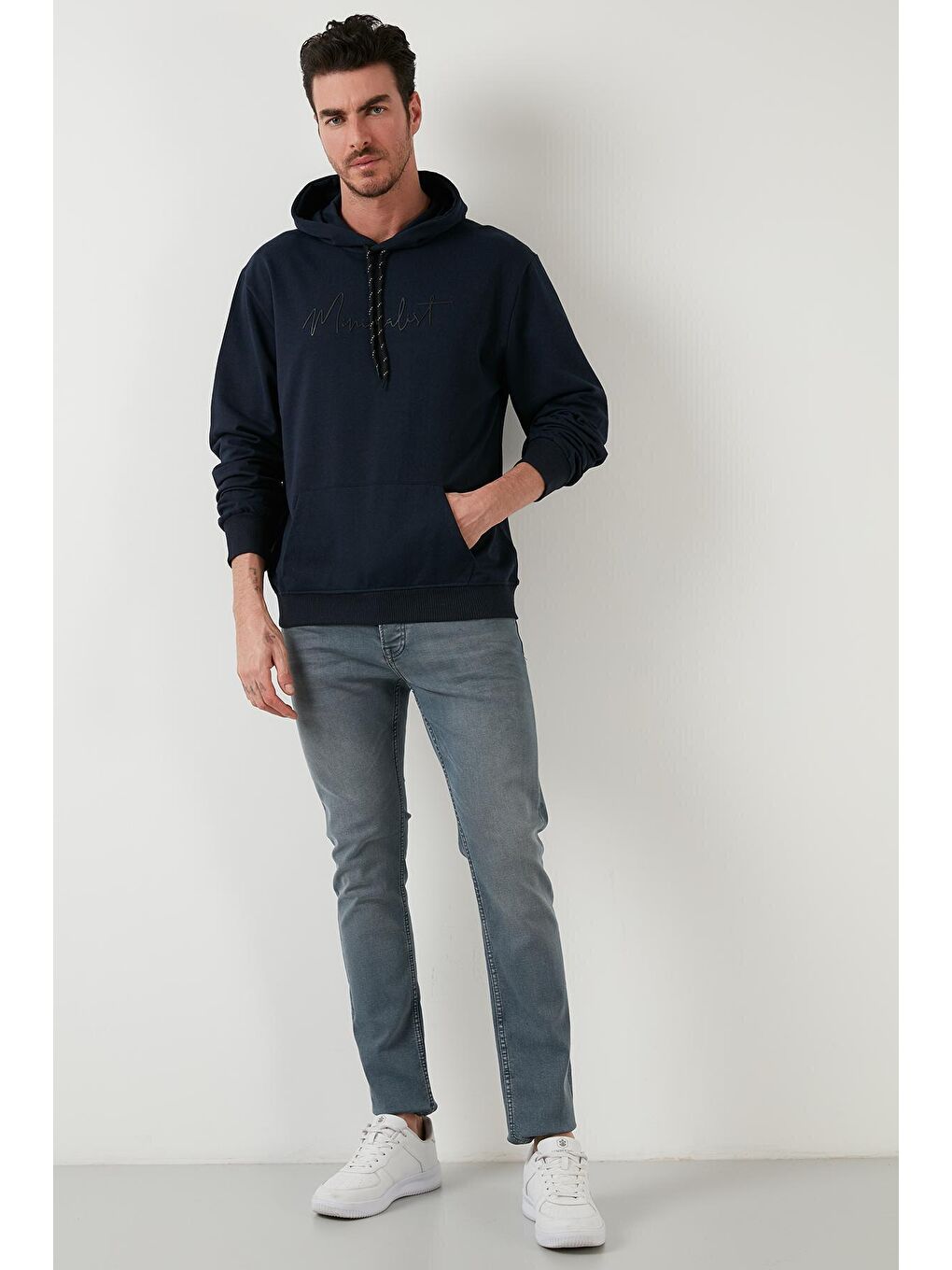 Lacivert Buratti Slim Fit Baskılı Kapüşonlu Kanguru Cepli Pamuklu Sweat Erkek SWEAT 5414019-3
