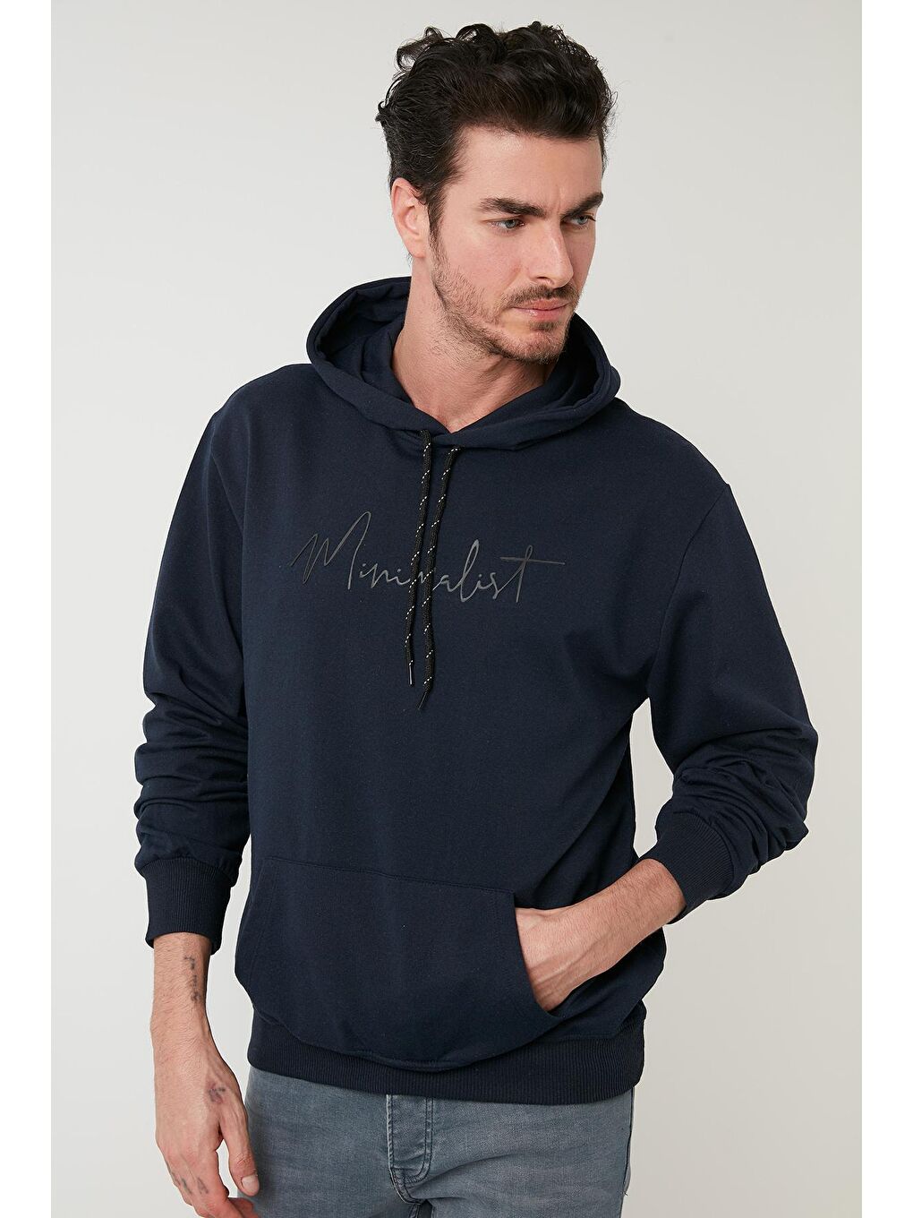 Lacivert Buratti Slim Fit Baskılı Kapüşonlu Kanguru Cepli Pamuklu Sweat Erkek SWEAT 5414019-5