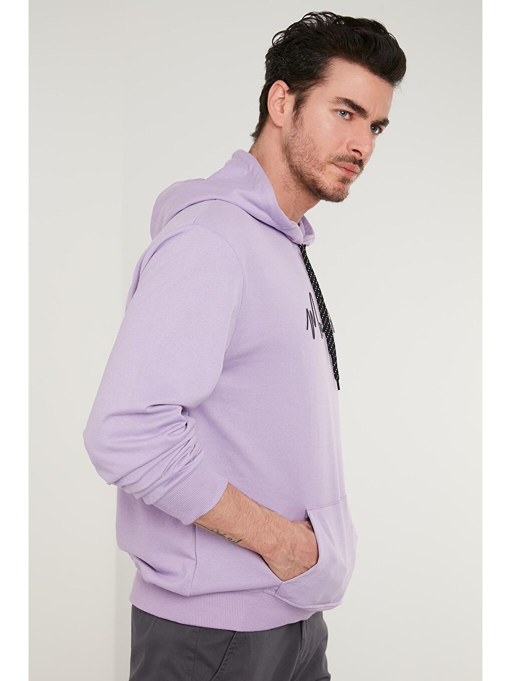 Buratti Mat Lila Slim Fit Baskılı Kapüşonlu Kanguru Cepli Pamuklu Erkek Sweatshirt 5414019 - 5