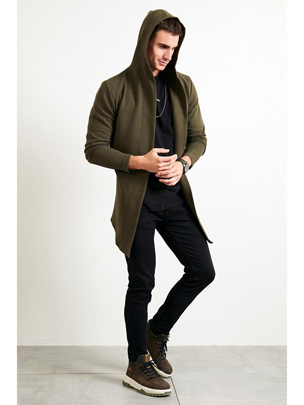 Haki Slim Fit Kapüşonlu Pamuklu Örme Hırka 5896595