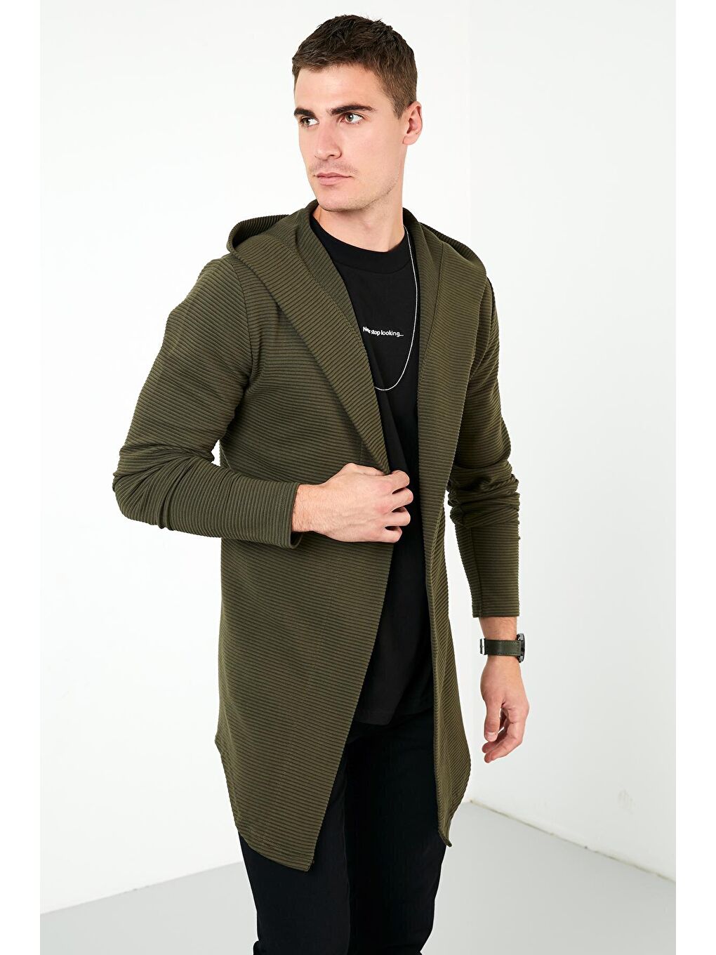 Haki Slim Fit Kapüşonlu Pamuklu Örme Hırka 5896595-1