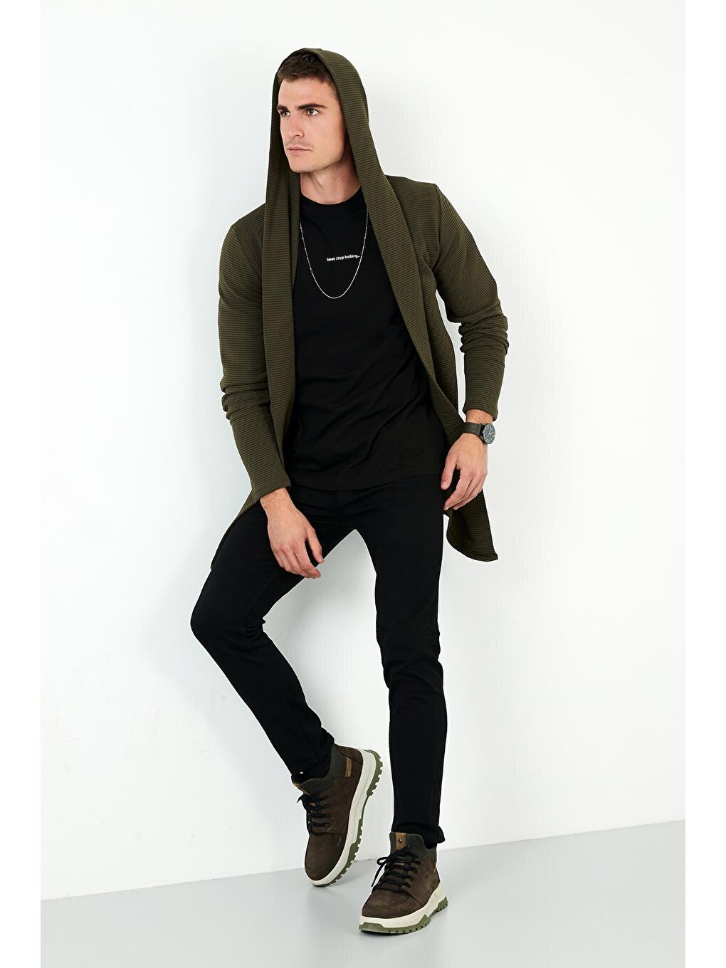 Haki Slim Fit Kapüşonlu Pamuklu Örme Hırka 5896595-2