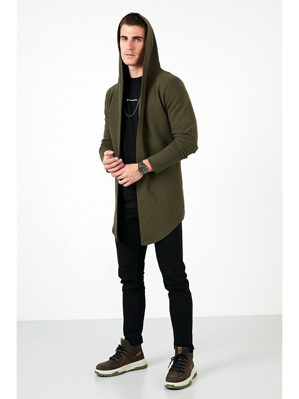 Haki Slim Fit Kapüşonlu Pamuklu Örme Hırka 5896595-3