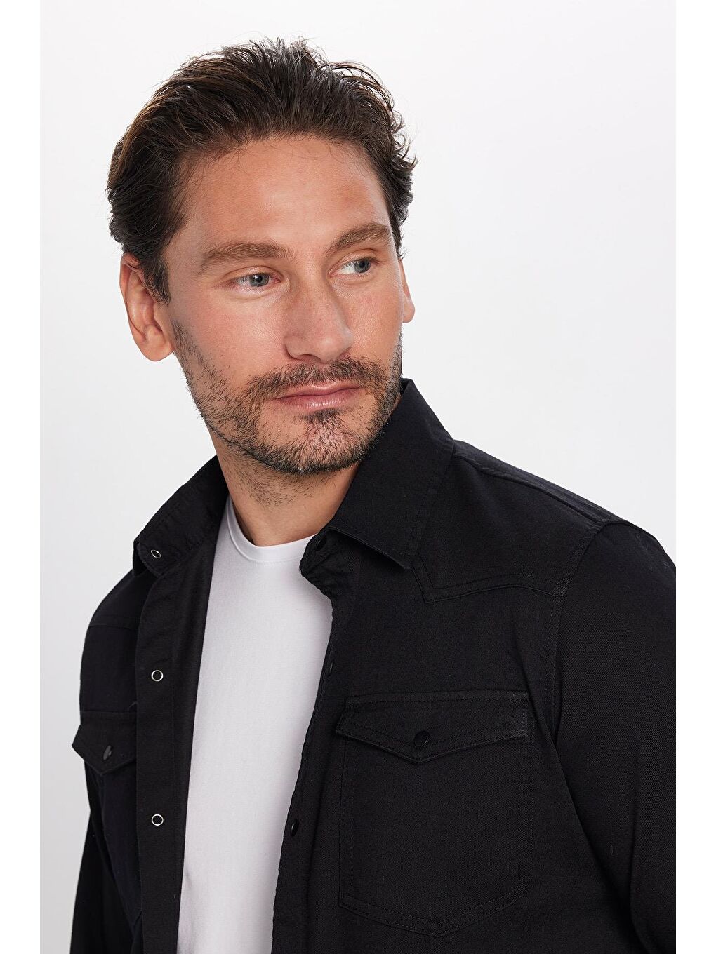 TUDORS Slim Fit Uzun Kollu Gündelik Denim Jean Erkek Siyah Gömlek