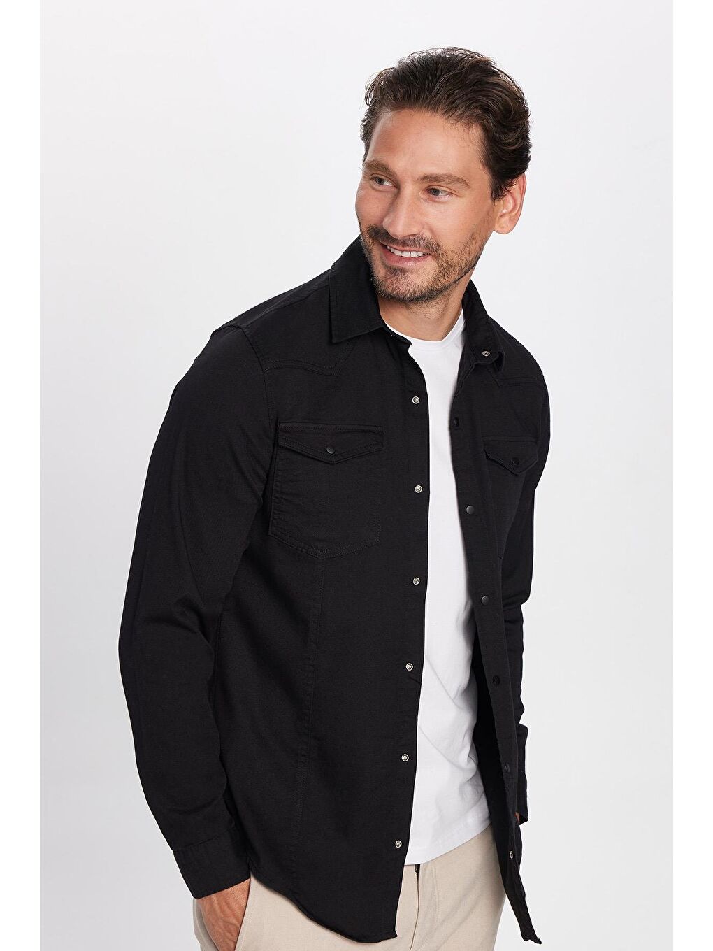 TUDORS Slim Fit Uzun Kollu Gündelik Denim Jean Erkek Siyah Gömlek - 1