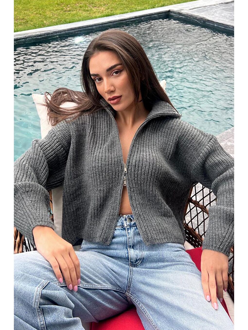 Madmext Antrasit Çift Fermuarlı Triko Hırka Mg2256 - 10