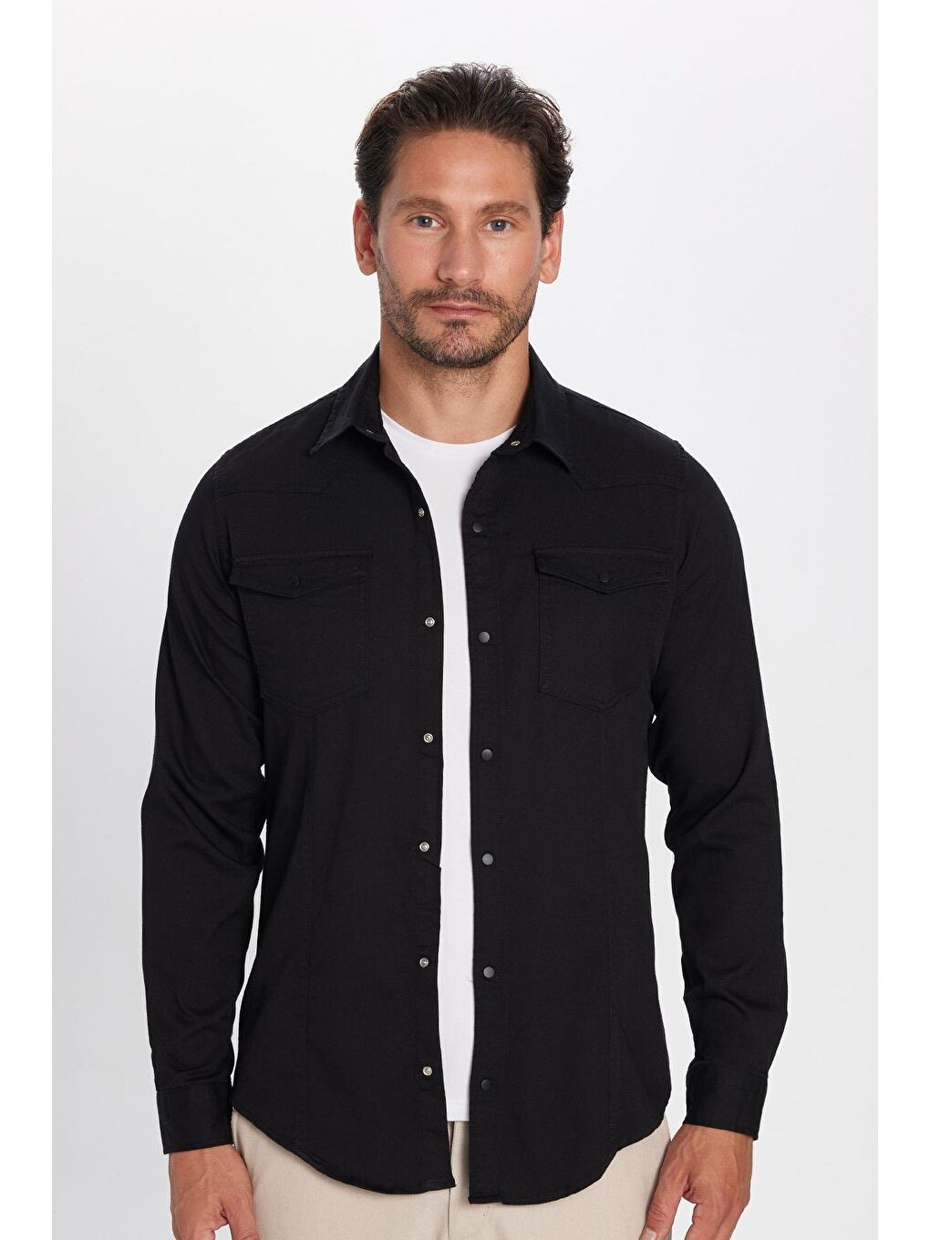 TUDORS Slim Fit Uzun Kollu Gündelik Denim Jean Erkek Siyah Gömlek - 3